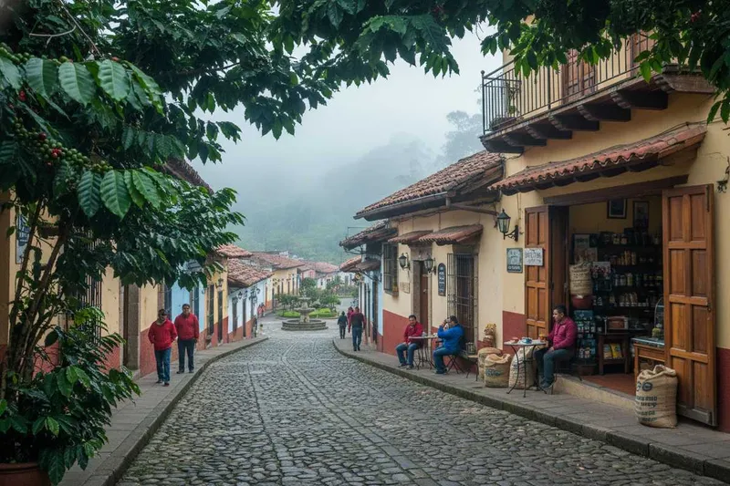 Colorful arcades on Coatepec main square on a clear January morning
