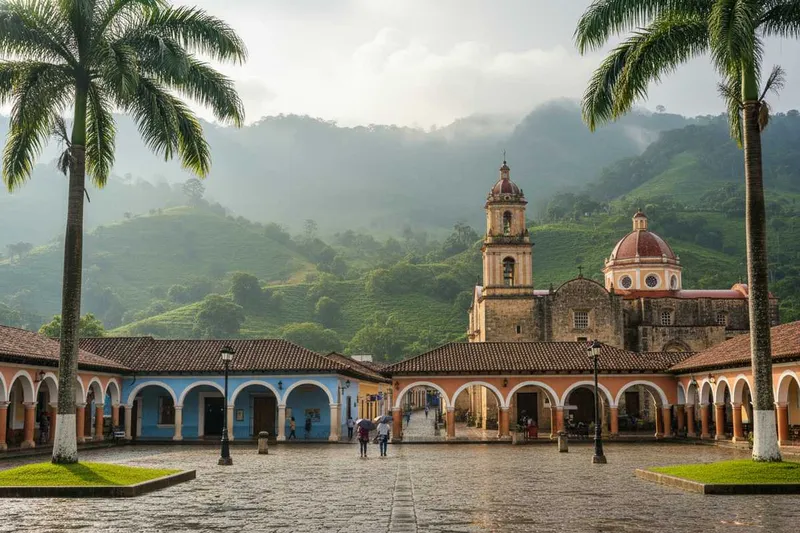 Misty July morning over Coatepec rooftops and green Veracruz coffee hills