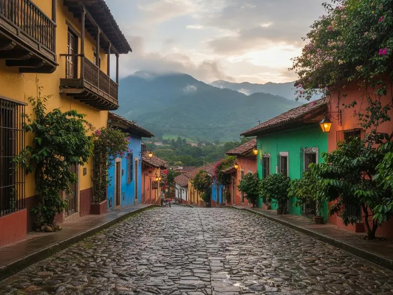 Misty Coatepec rooftops and green Veracruz highlands during June rainy season