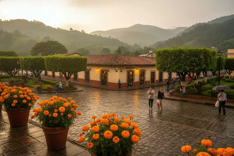 Colorful Coatepec street in October with red tile roofs and Veracruz highland greenery