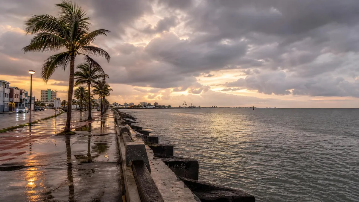 Coatzacoalcos malecon after a July rain shower with Gulf clouds, palms, and wet pavement