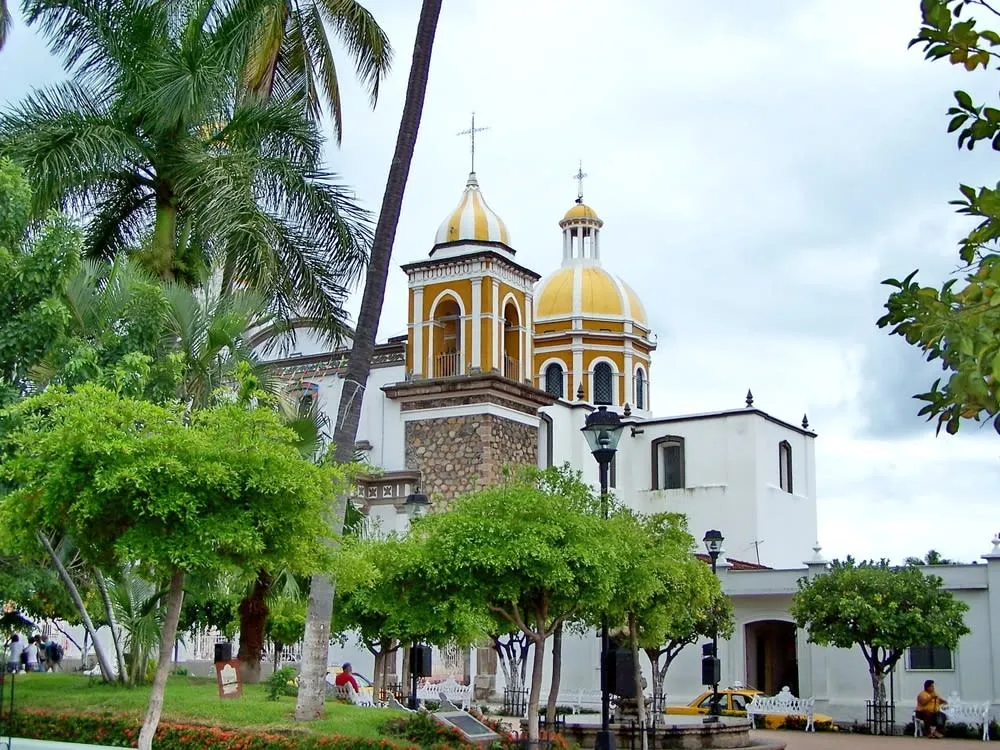 Colima city historic center cathedral and Jardín de la Libertad colonial plaza with fountains