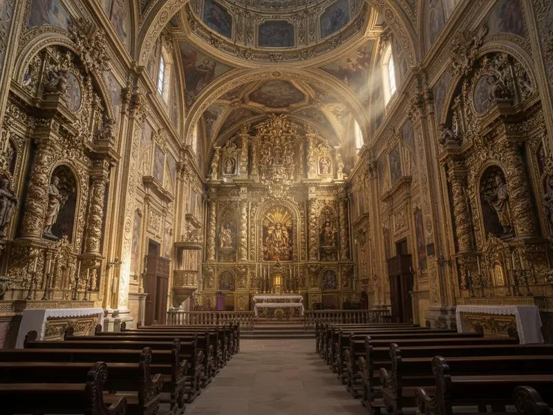 Baroque church interior with gilded altarpiece in Querétaro historic center