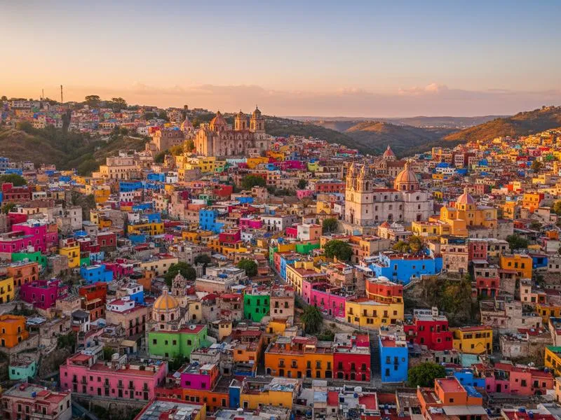 Colorful colonial street in Mexico with pedestrians and small shops
