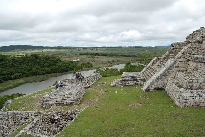 Chinkultic Maya structures built into the hillside