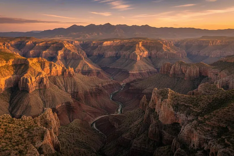 Deep green Copper Canyon walls and misty summer mountain ridges