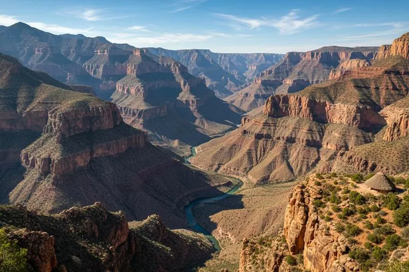 Wide Copper Canyon viewpoint with layered cliffs, pine-covered ridges, and clear dry-season light
