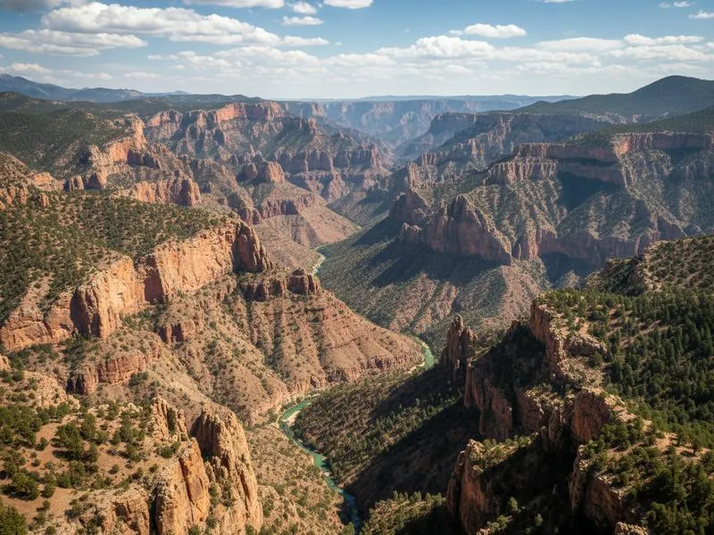 Creel Chihuahua town in winter with light snow on the buildings and pine trees