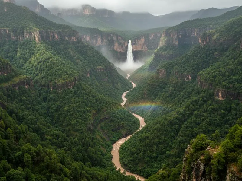 Copper Canyon in the Sierra Tarahumara green and lush during rainy season in summer, with a canyon wall showing emerald vegetation and dramatic cliff formations
