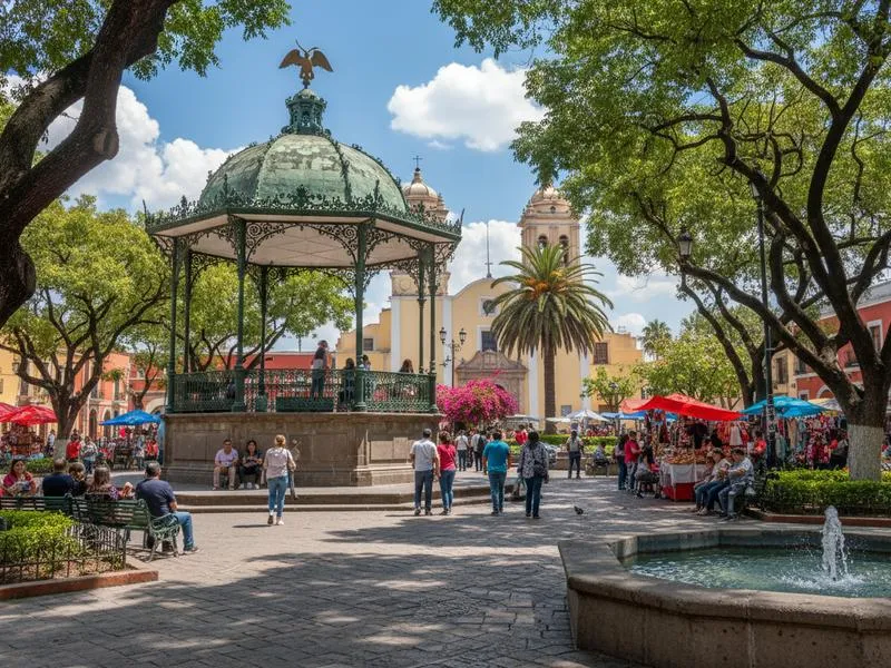 Coyoacan plaza in Mexico City during an April neighborhood walk