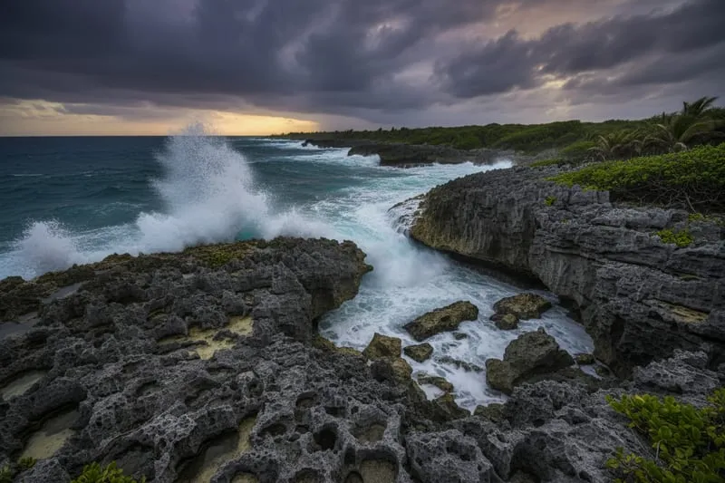 Cozumel's wild east coast Atlantic shoreline with crashing waves against rocky limestone formations and no development visible