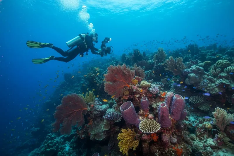 Scuba diver descending along the Palancar Reef wall in Cozumel with colorful coral formations and clear blue Caribbean water