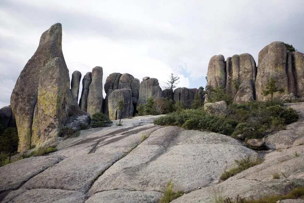 Valle de los Monjes near Creel Chihuahua showing towering vertical rock formations at sunset
