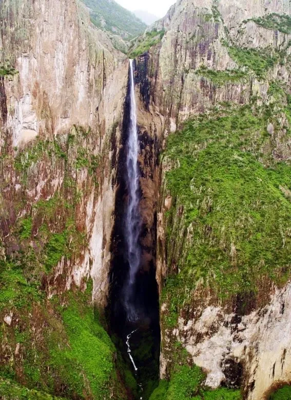 Piedra Volada waterfall near Creel Chihuahua plunging 453 meters into Candamena Canyon in Chihuahua Sierra Tarahumara