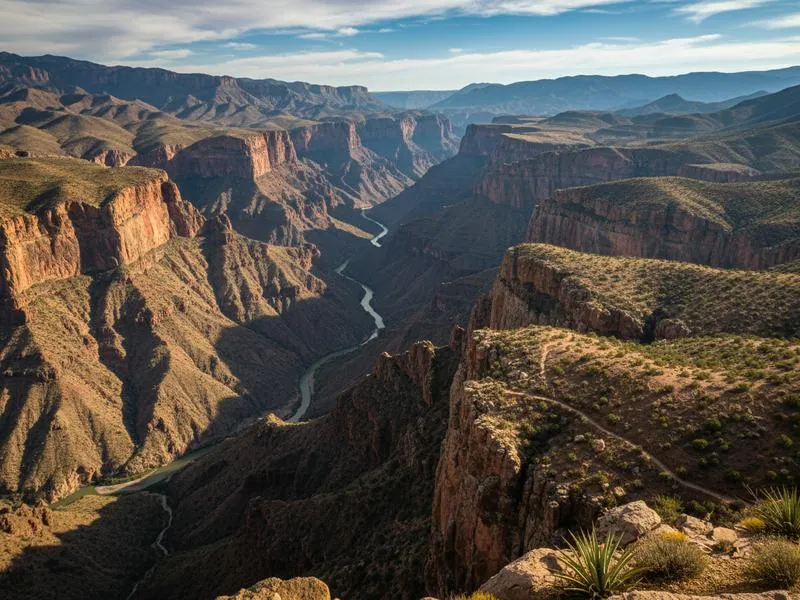 Creel Chihuahua town plaza with pine trees and church facade