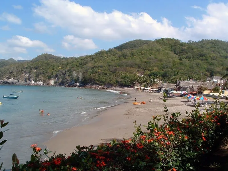 Cuastecomate cove near Barra de Navidad — sheltered turquoise bay ideal for snorkeling and swimming on the Costa Alegre