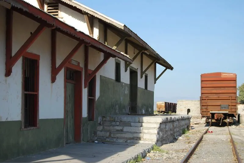 Abandoned nineteenth-century railroad station on a desert road in Coahuila
