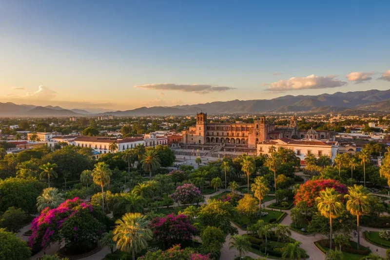 Warm afternoon light over Cuernavaca rooftops and gardens during the start of the dry season