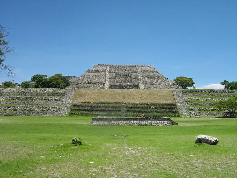 Xochicalco near Cuernavaca in April with dry-season archaeology planning, warm sun, and clear morning light