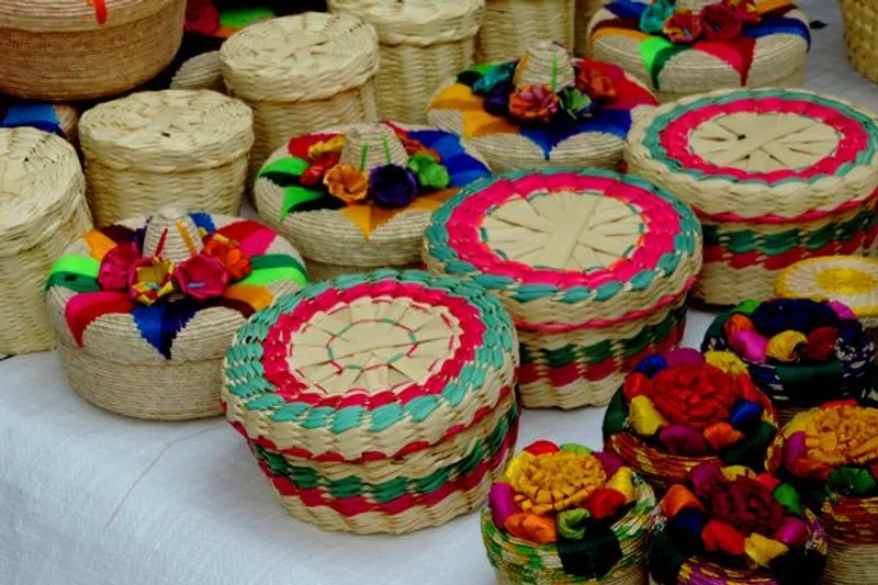 Handmade textiles and crafts displayed in Cuetzalan's mountain market