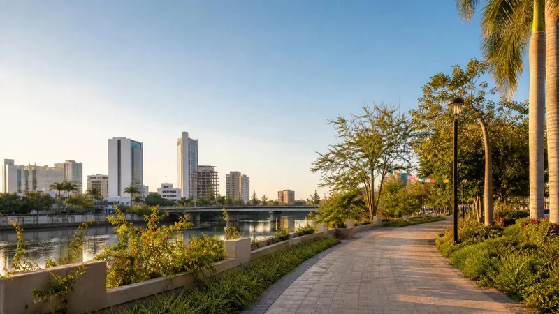 Dry-season Culiacan riverwalk with palms, warm February light, and subtle Carnival decorations