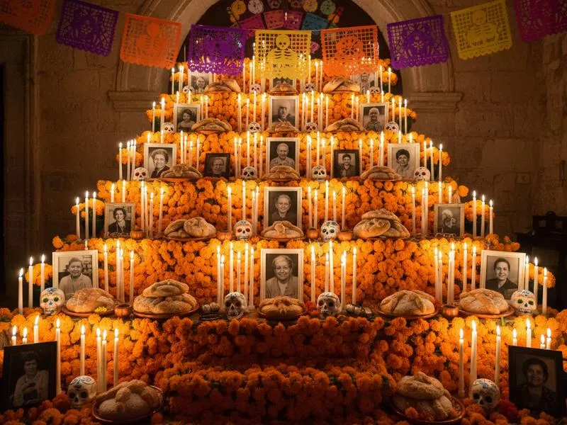 Elaborate Day of the Dead ofrenda with orange marigold flowers, candles, sugar skulls and photos in Mexico