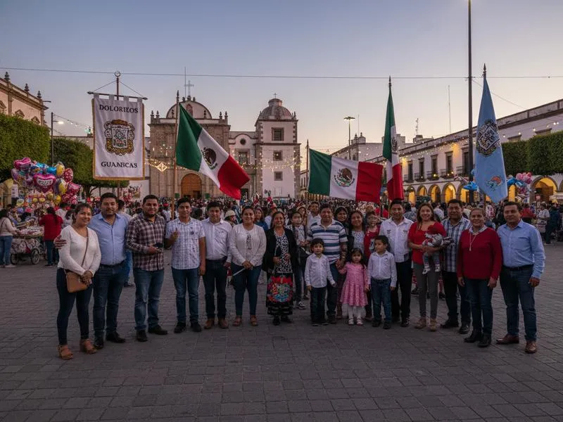 Families gathering near Dolores Hidalgo plaza with Mexican flags before evening celebration