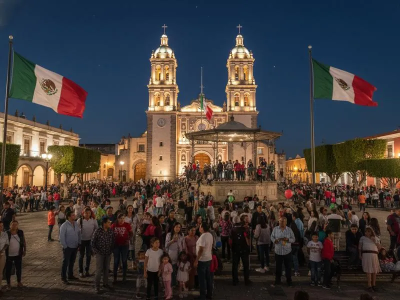 Night celebration in Dolores Hidalgo plaza with Mexican flags and church lights