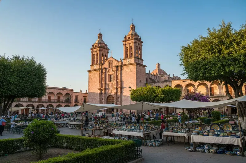 Dolores Hidalgo parish plaza in warm May light in Guanajuato