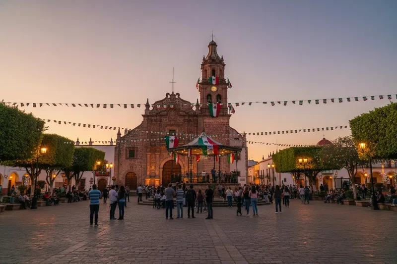 Dolores Hidalgo parish church and plaza decorated with Mexican flags before Independence Day