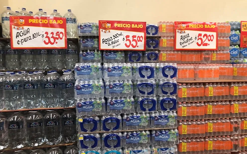 Bottled water brands Bonafont and Ciel available at convenience stores in Cancun hotel zone, Mexico