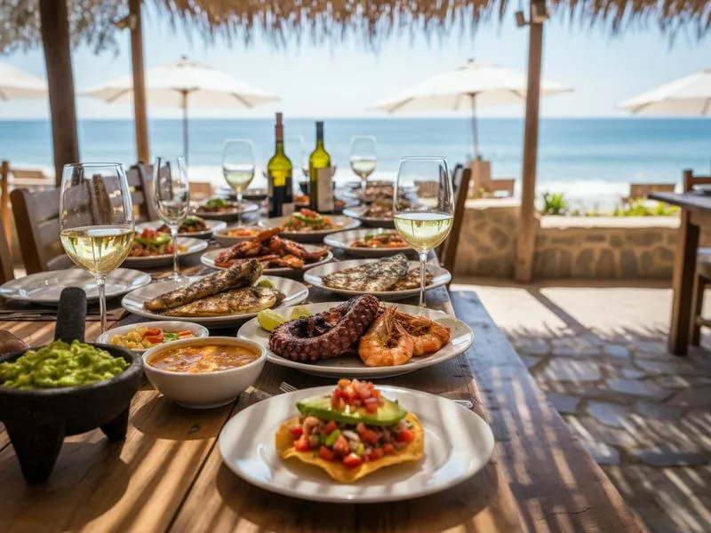 Seafood lunch in Ensenada with Baja wine glasses on a sunny patio