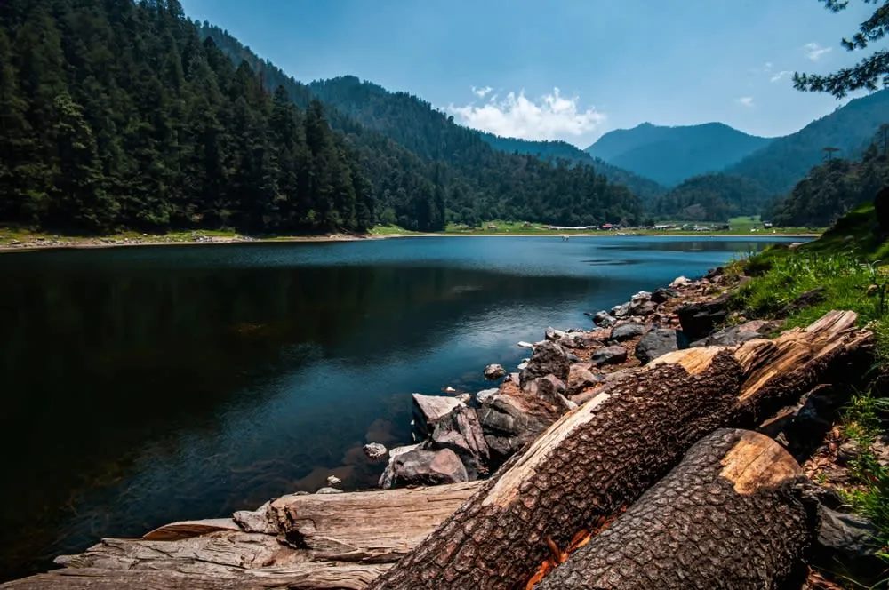 Lagunas de Zempoala lake surrounded by pine forest for trout and carp fishing