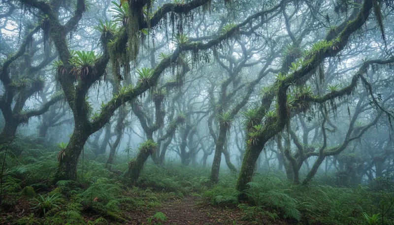 Oak trees covered in Spanish moss in the Goblin Forest section of the trail