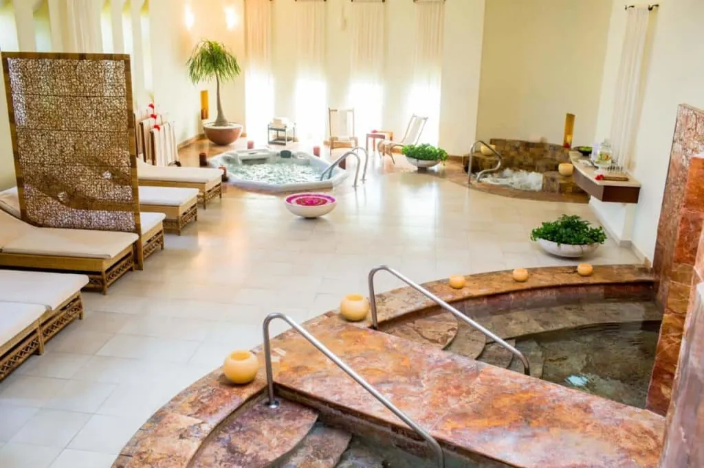 SE Spa hydrotherapy area at Grand Velas Riviera Nayarit with tiled pools and resort lighting
