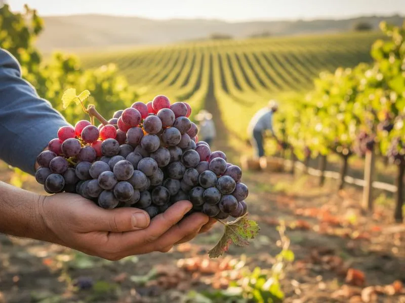 Hands holding freshly harvested wine grapes in Baja California during vendimia season