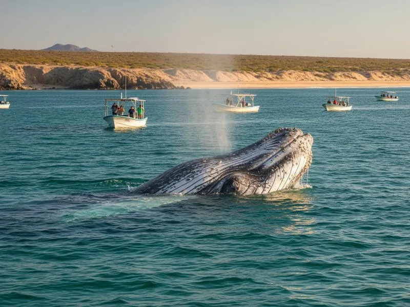 Gray whale rostrum emerging from water next to a panga boat as a tourist reaches down to touch it