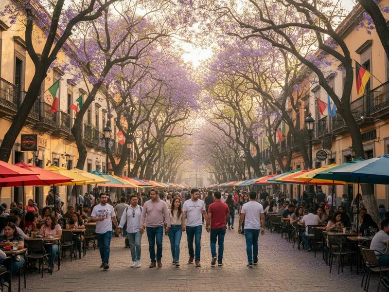 Trees, cafes, and pedestrian paths along Avenida Chapultepec in Guadalajara