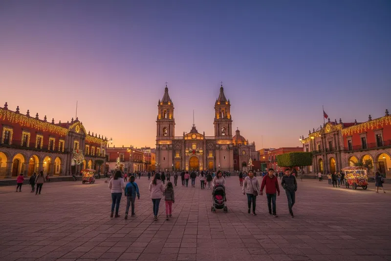 Guadalajara plaza with Christmas lights, cathedral towers, and dry-season evening crowds