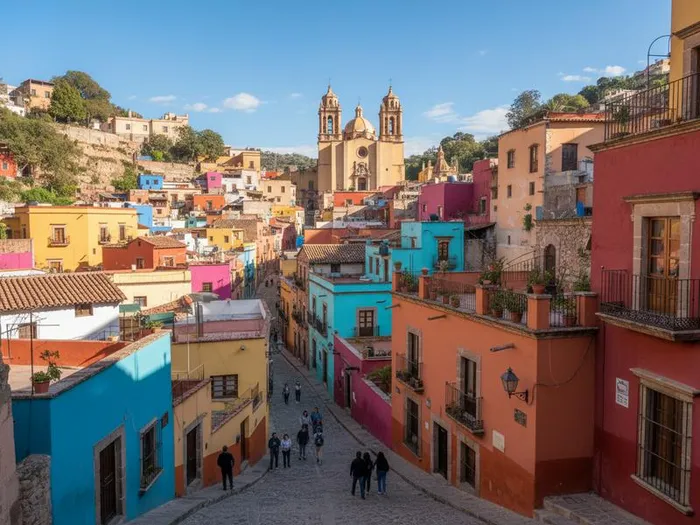 Historic center of Guanajuato with colorful colonial buildings where traditional restaurants serve enchiladas mineras and local cuisine
