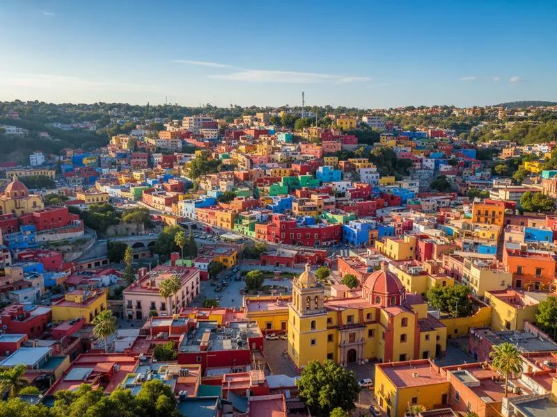 Guanajuato City panoramic view with multicolored houses cascading down hillsides
