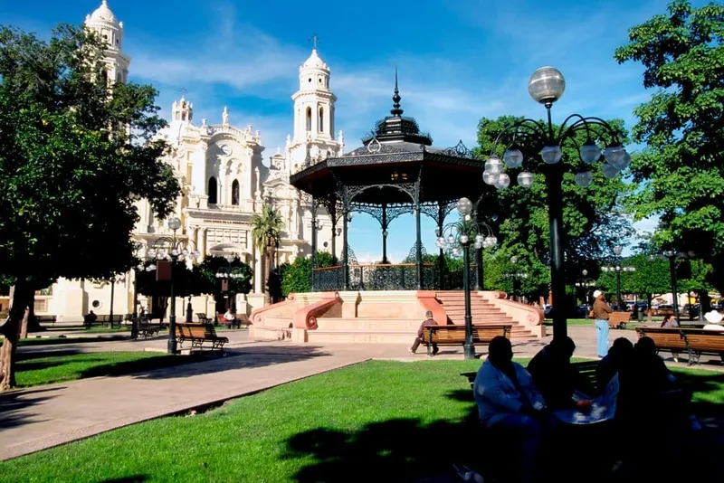 Plaza Zaragoza and cathedral area in downtown Hermosillo during a hot May city stop