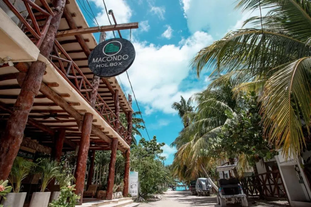 Small Holbox Island hotel set near palm trees and sandy beach lanes