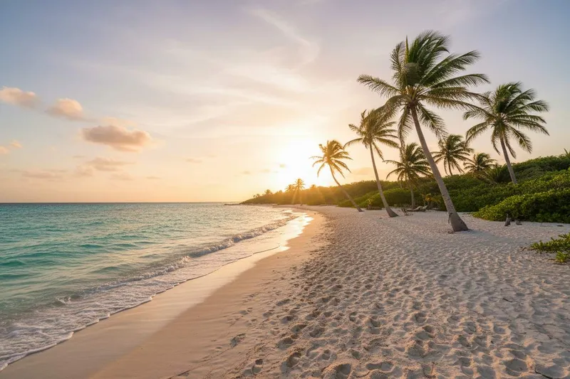 Empty sandbar beside pale Caribbean water and a low island horizon