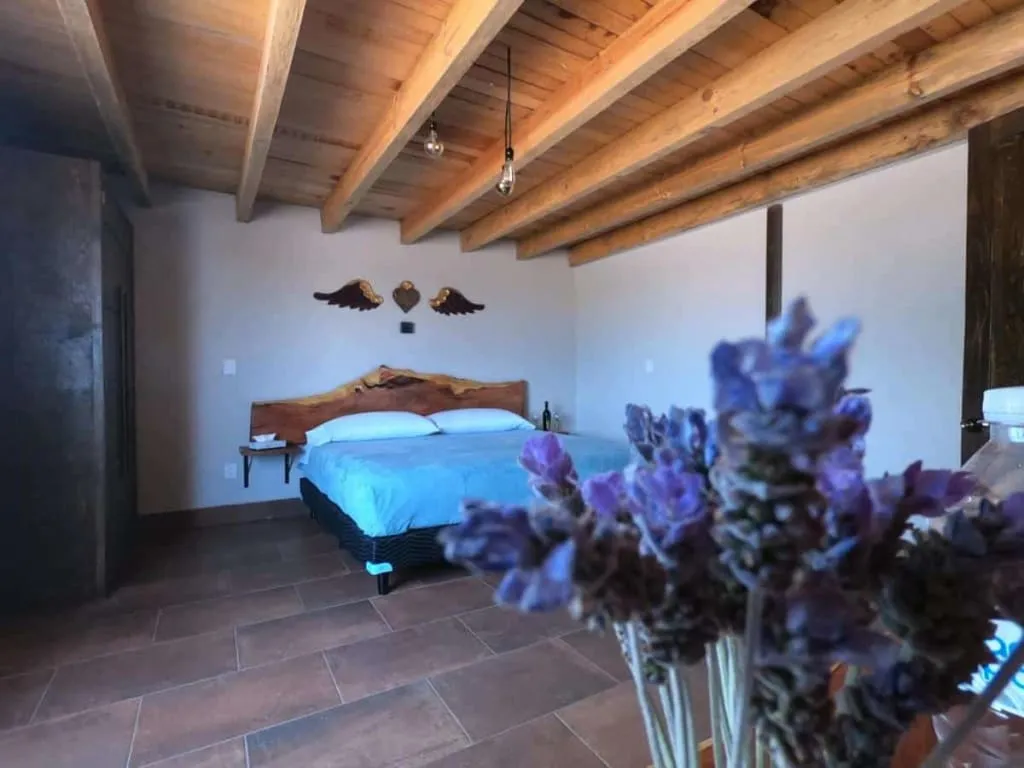 Small colonial-style hotel courtyard with shaded seating for overnight visitors