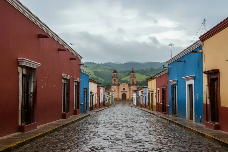 Rainy July afternoon in Huamantla with Tlaxcala highland streets and church towers