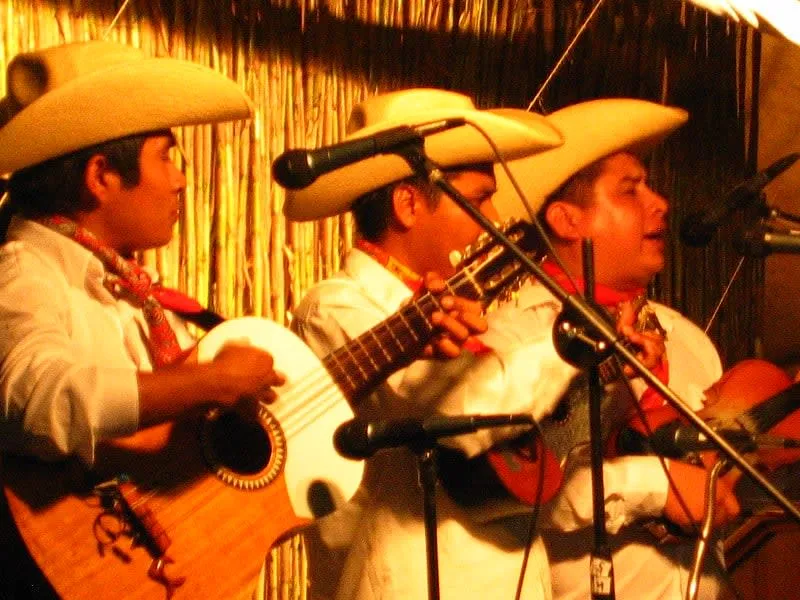 A classic Huapango trio performing with violin, huapanguera guitar, and jarana in the Huasteca region