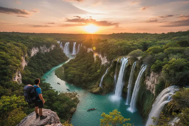 Turquoise Huasteca Potosina waterfall pools below limestone cliffs in the April dry season