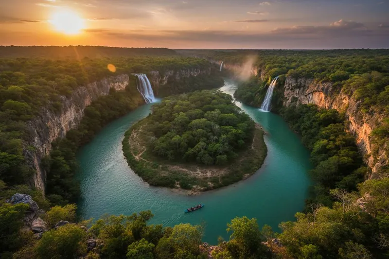 Turquoise Huasteca Potosina river pool below limestone cliffs in dry-season light