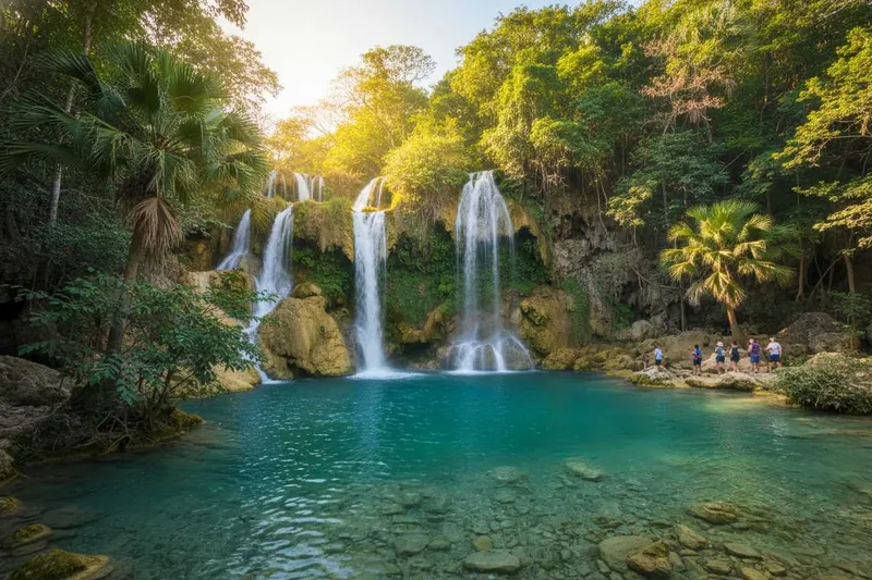 Turquoise river pools below limestone cliffs in Huasteca Potosina